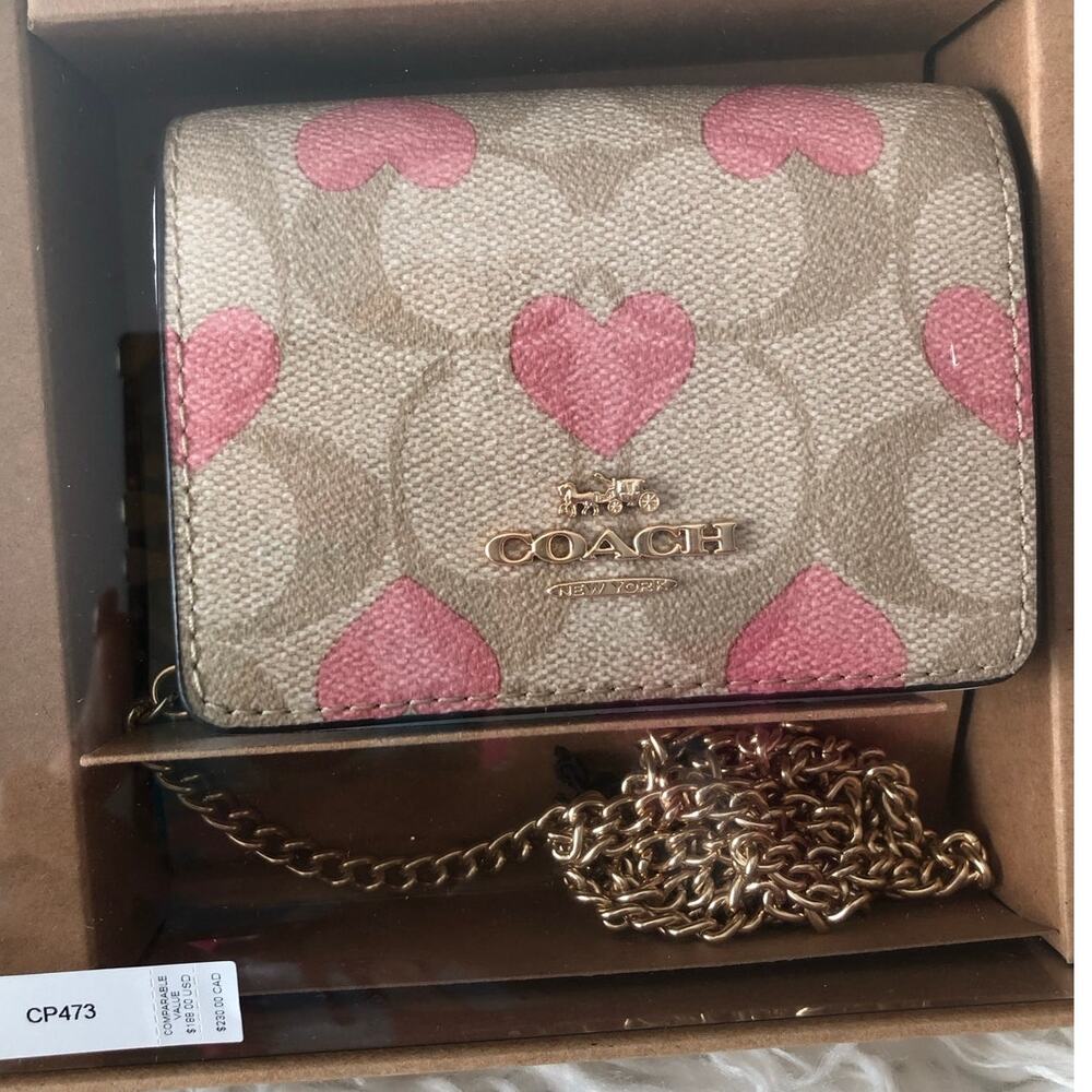 New Coach Boxed Mini Wallet On A Chain In Signature Canvas With Heart Print - Picture 10 of 12